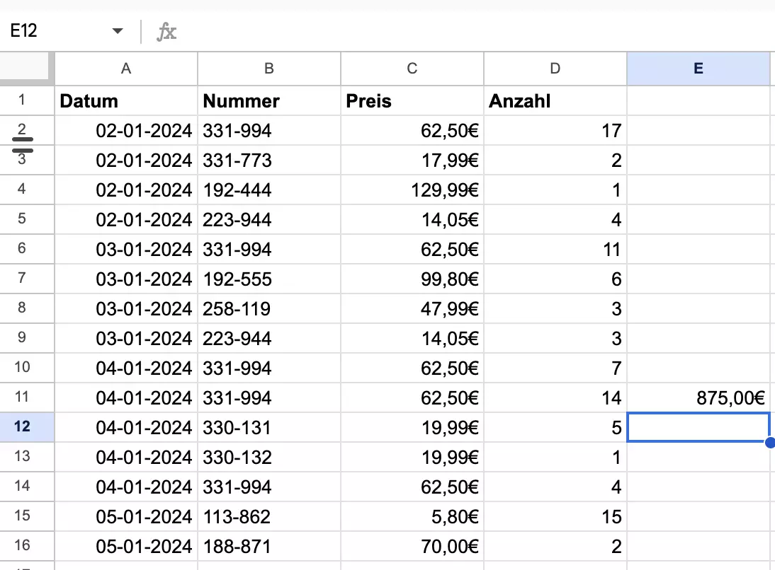 Screenshot nach einer Multiplikation in Google Sheets