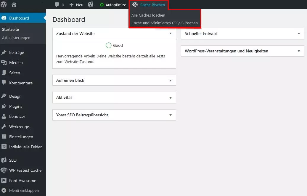 WP Fastest Cache: Möglichkeit im Dashboard, den WordPress-Cache zu löschen