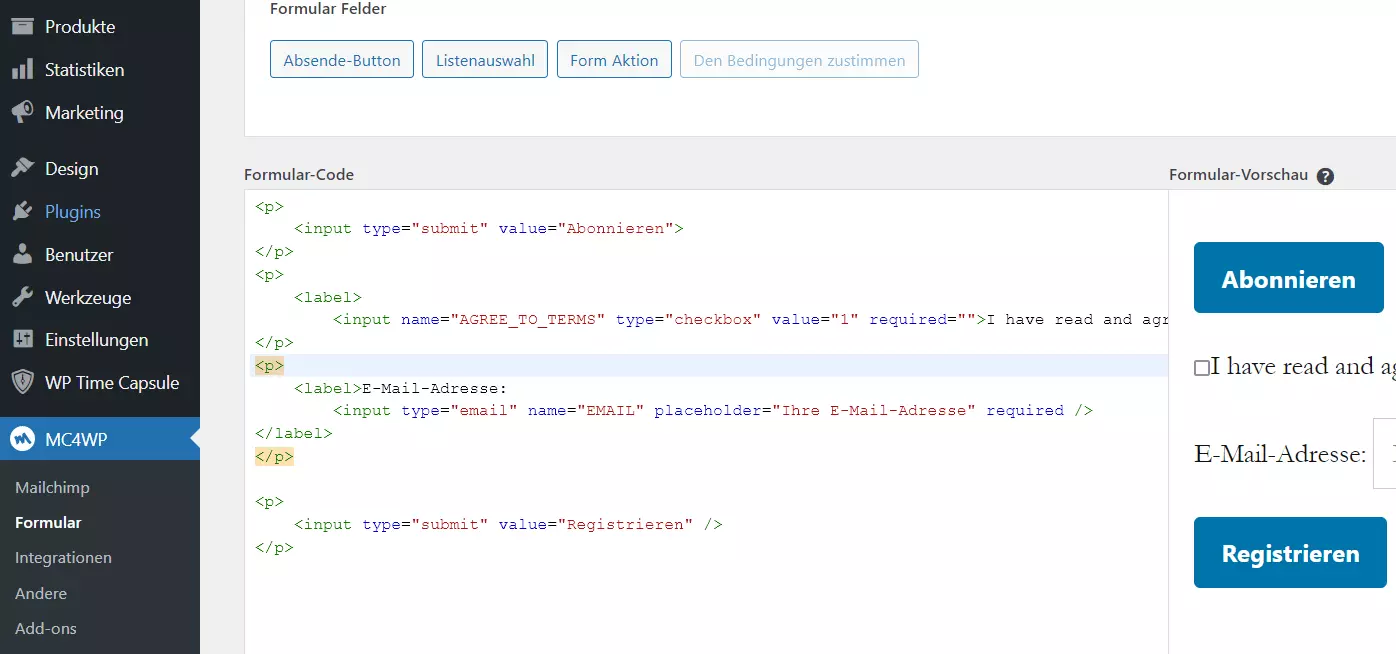 MC4WP im WordPress-Backend