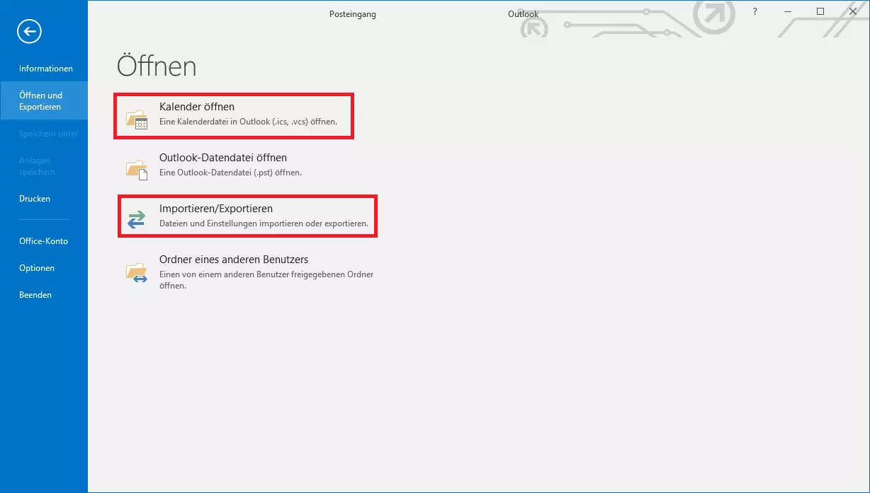 Einen ICS-Kalender in Outloook 2019 öffnen