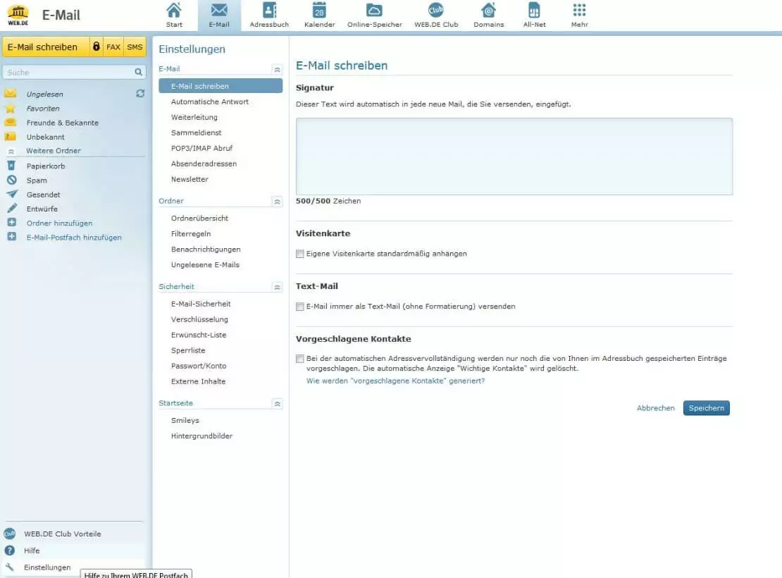 Ausschnitt eines Screenshots der E-Mail-Einstellungen von WEB.DE, auf dem die Signatur-Optionen zu sehen sind