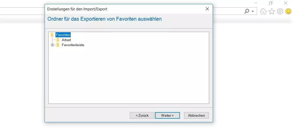 Internet-Explorer-Lesezeichen exportieren: Ordnerauswahl