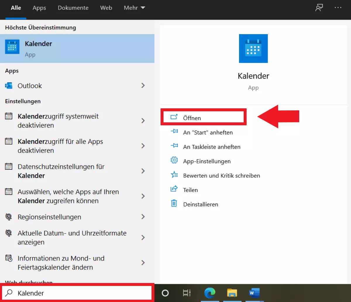 Öffnen der Windows-Kalender-App mit Hilfe der Suchleiste