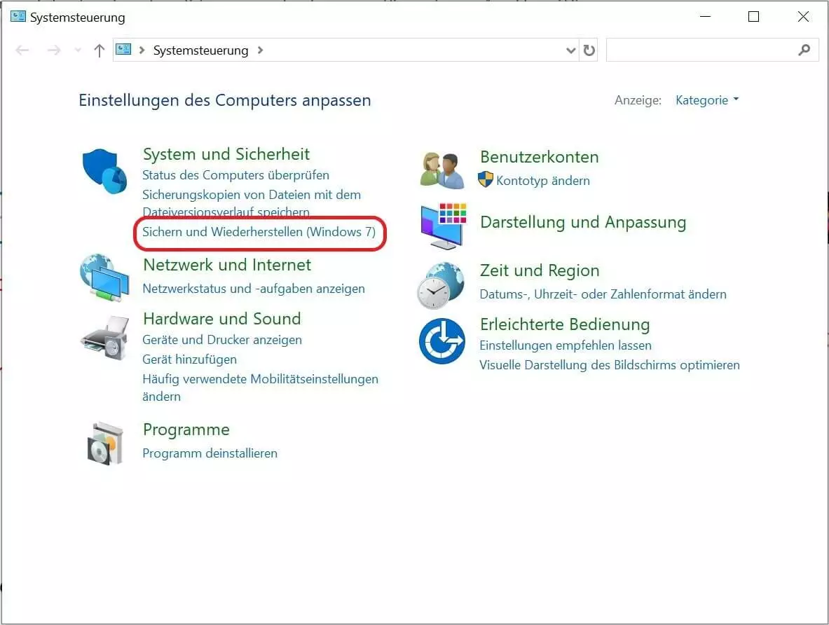 „Sichern und Wiederherstellen“ in den Windows-Einstellungen