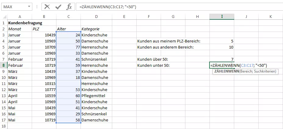 Screenshot einer Excel-Tabelle mit Größer-als- und Kleiner-als-Zeichen in der ZÄHLENWENN-Funktion