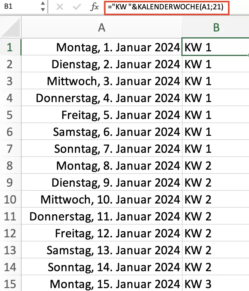 Excel: KALENDERWOCHE-mit Text einfügen