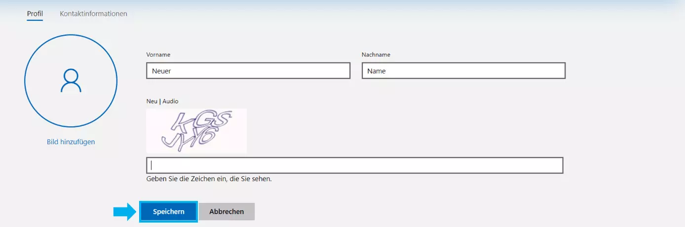 Maske für die Auswahl des neuen Namens im Microsoft Account