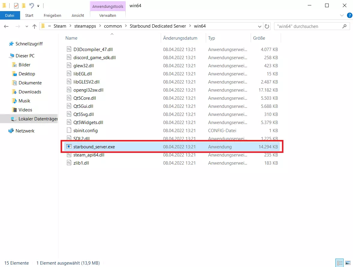 Die Anwendung „starbound_server.exe“ ermöglicht das Starten des Servers
