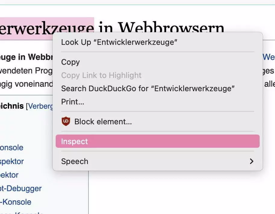 Kontext-Menü mit Eintrag „Inspect element“ in Chrome