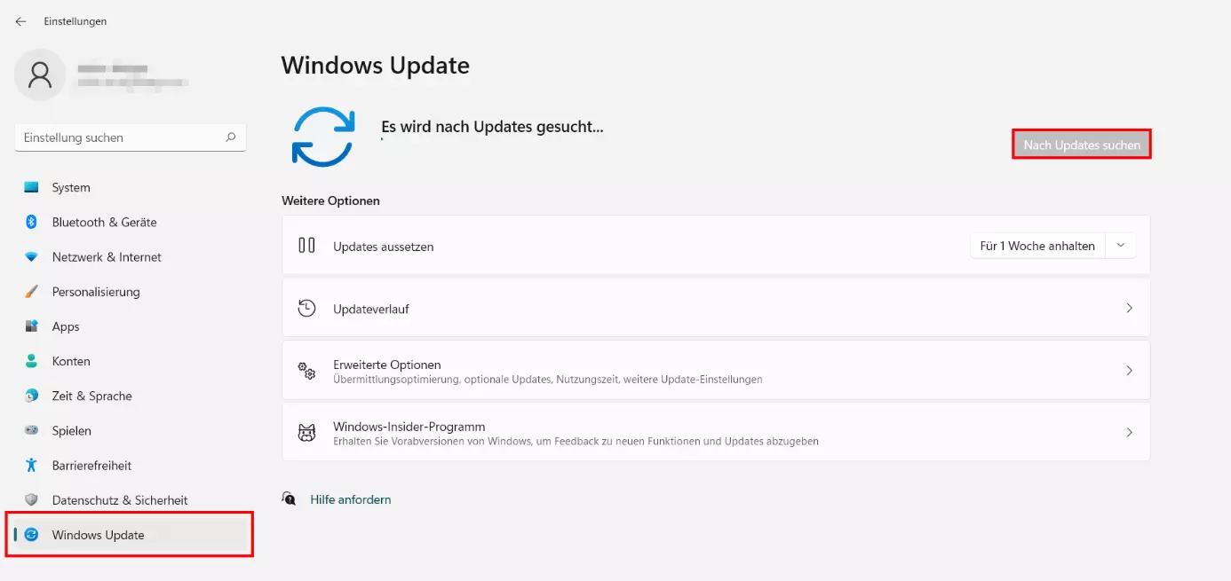 Windows-11-Einstellungen mit Menüpunkt „Windows Update“