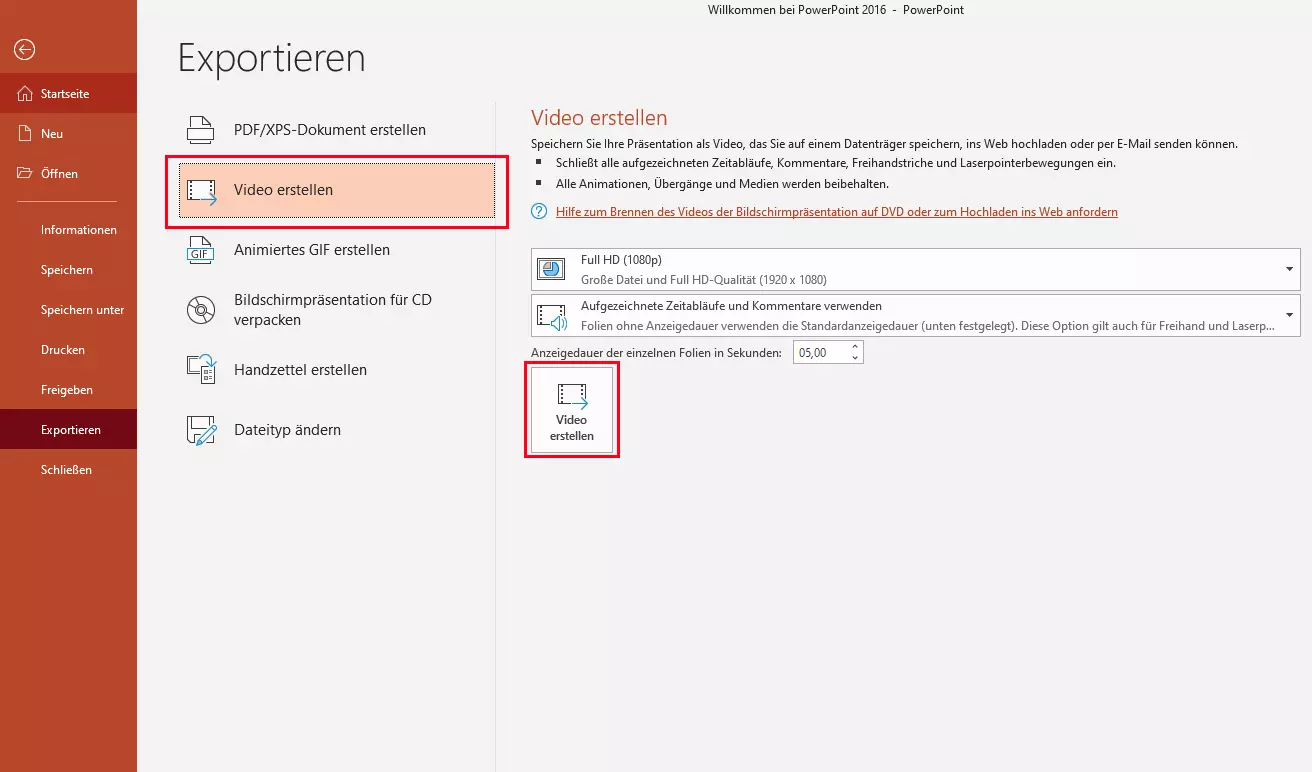 Power-Point als Video speichern: Auswahl des Formats