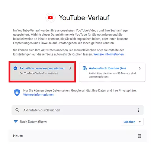 YouTube: Schaltfläche „Aktivitäten werden gespeichert“