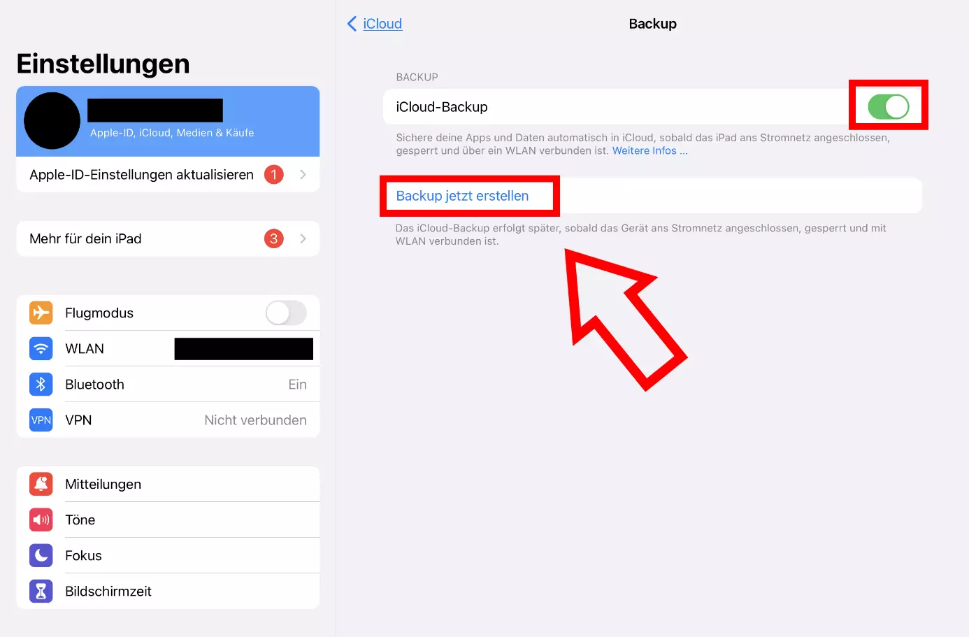 Screenshot der iCloud-Backup-Optionen in den iPad-Einstellungen