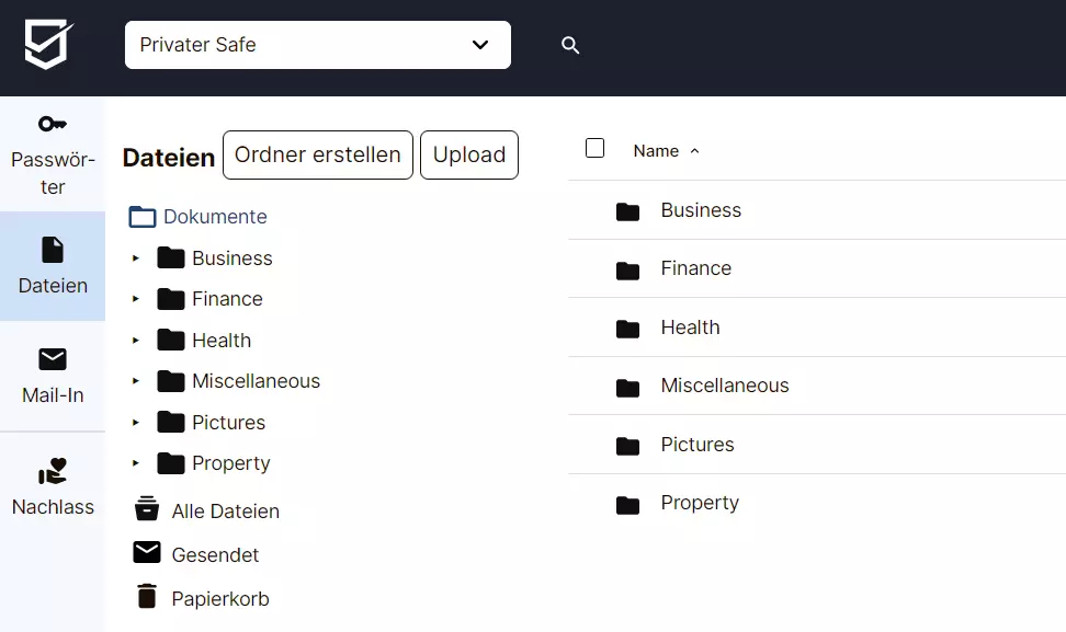 SecureSafe: Ordnerübersicht