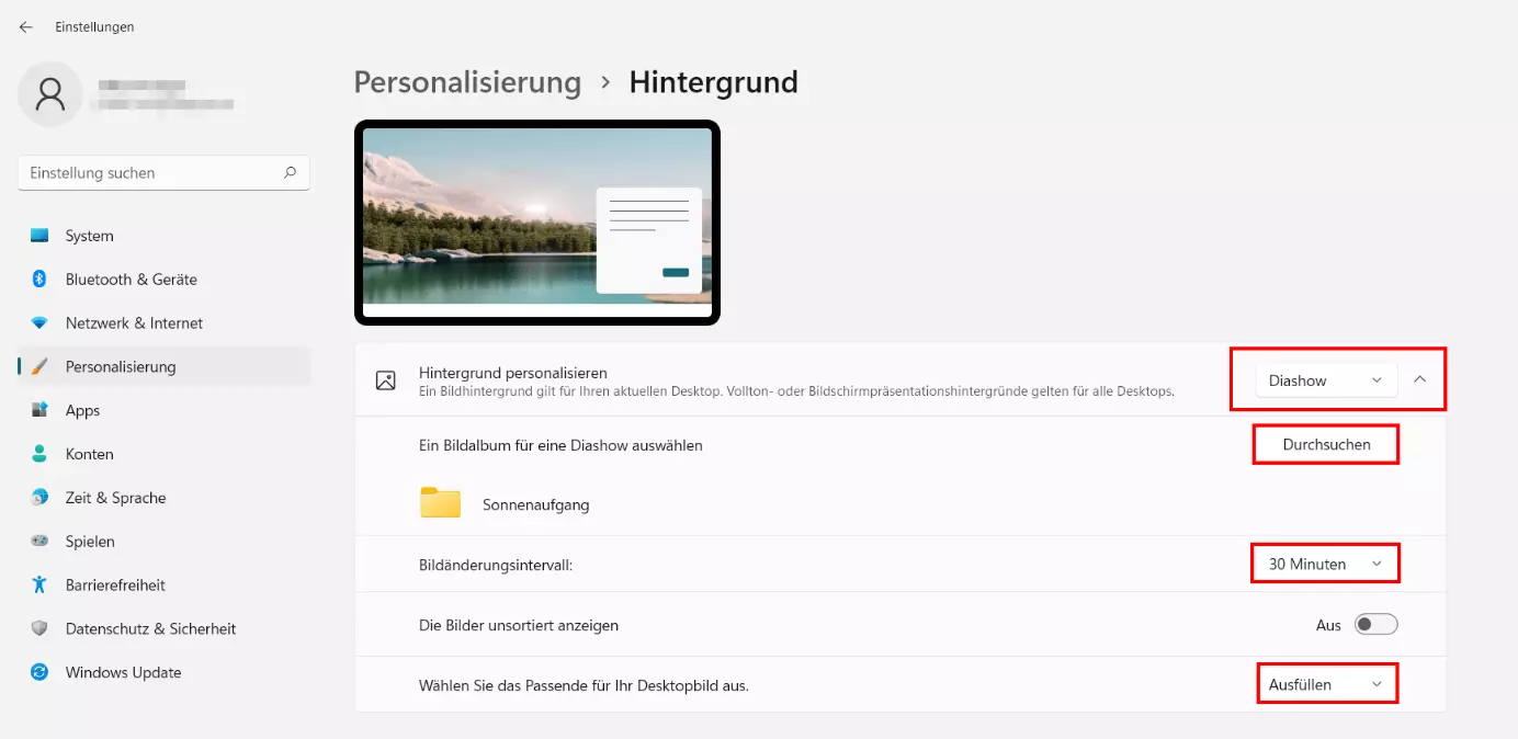Windows 11: Desktop-Hintergrund in Diashow ändern