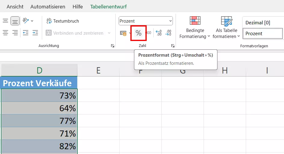 Excel: Prozentformat-Schaltfläche