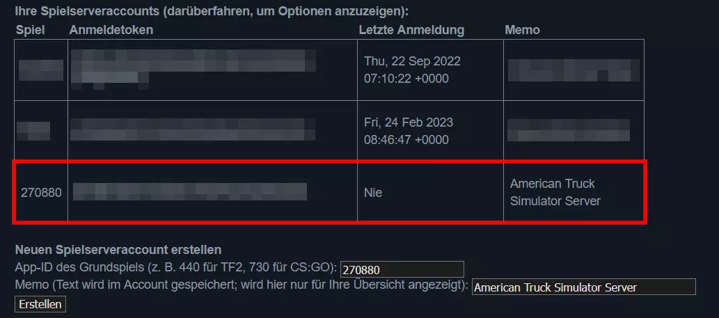 Spielserveraccounts in der Steam-Spielserver-Accountverwaltung