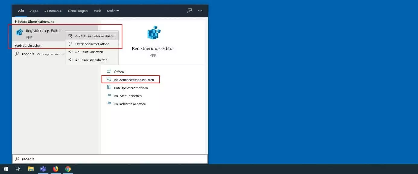 Windows 10: Suchergebnis für „regedit“