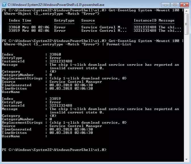 Ergebnisse der Pipeline Get-EventLog System -Newest 100 | Where-Object {$_.entryType -Match "Error"} und Fortmat-List