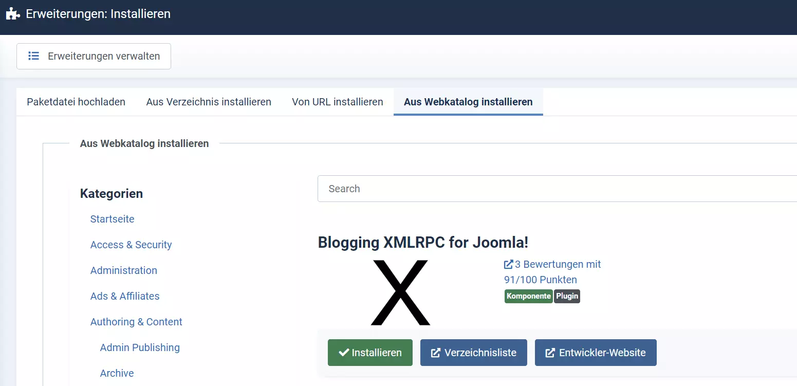 Erweiterungen installieren im Joomla-Backend