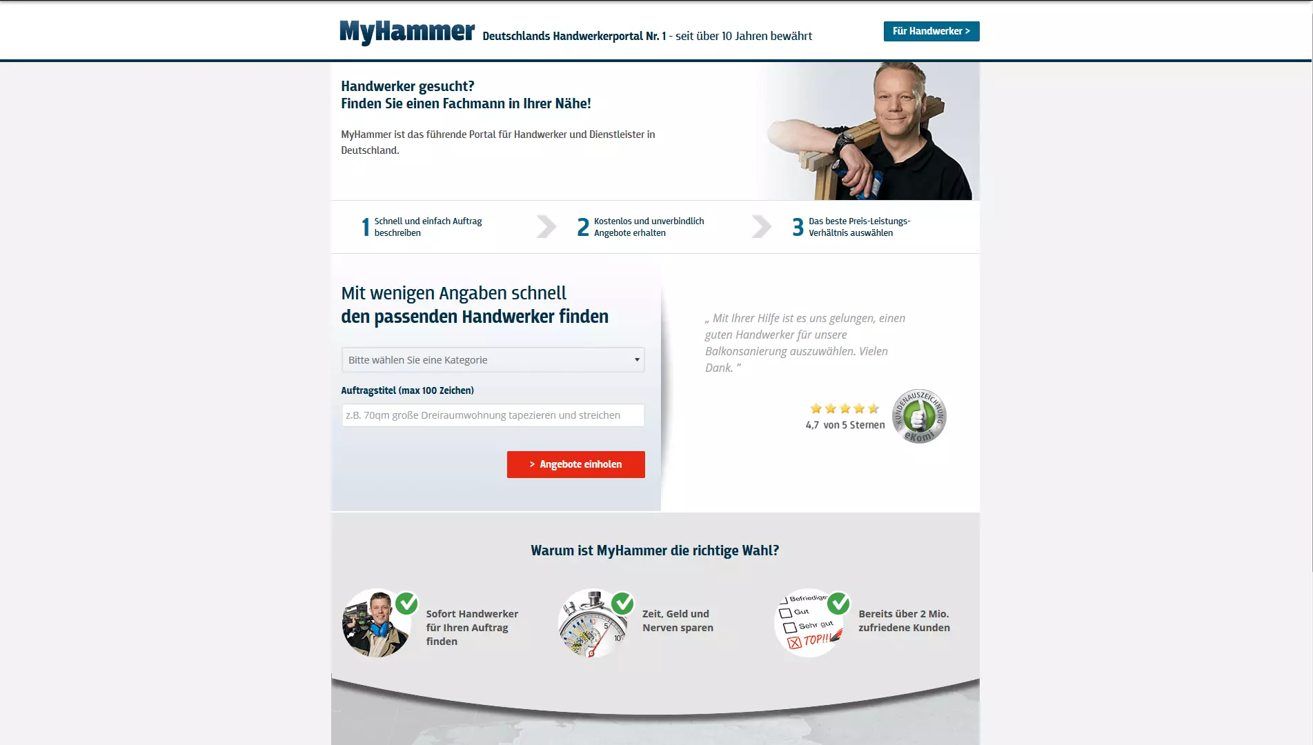 My Hammer Landingpage (Browseransicht)