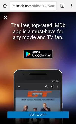 Screenshot eines Interstitials auf imdb.com mit Werbung für die zugehörige App.