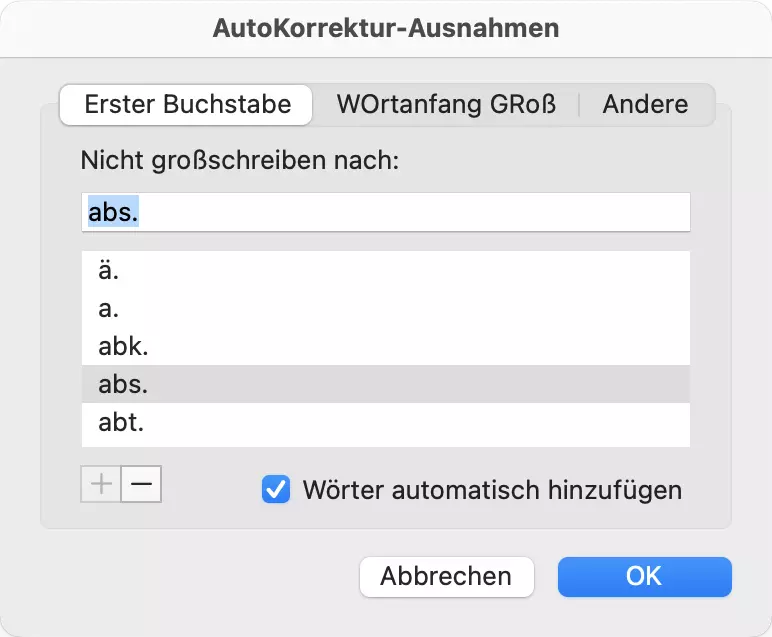 Outlook für Mac: AutoKorrektur-Ausnahmen