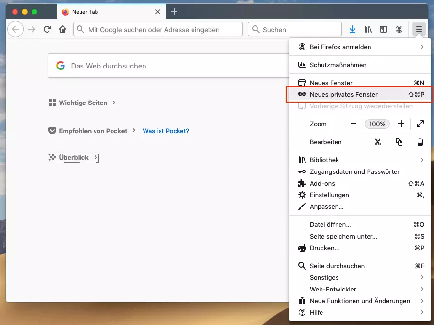 Neues privates Fenster in Firefox über das Menü öffnen