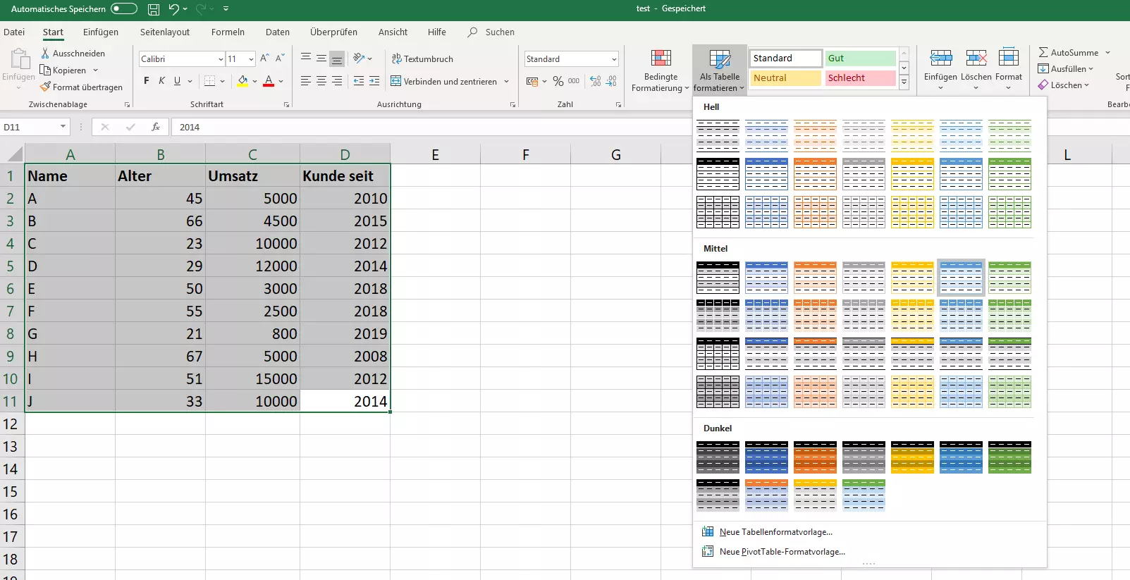 Übersicht der vordefinierten Excel-Tabellen-Vorlagen in Excel 2016