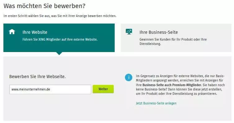 XING-Menü, in dem der AdManager-Nutzer die Option ausgewählt hat, seine Website zu bewerben