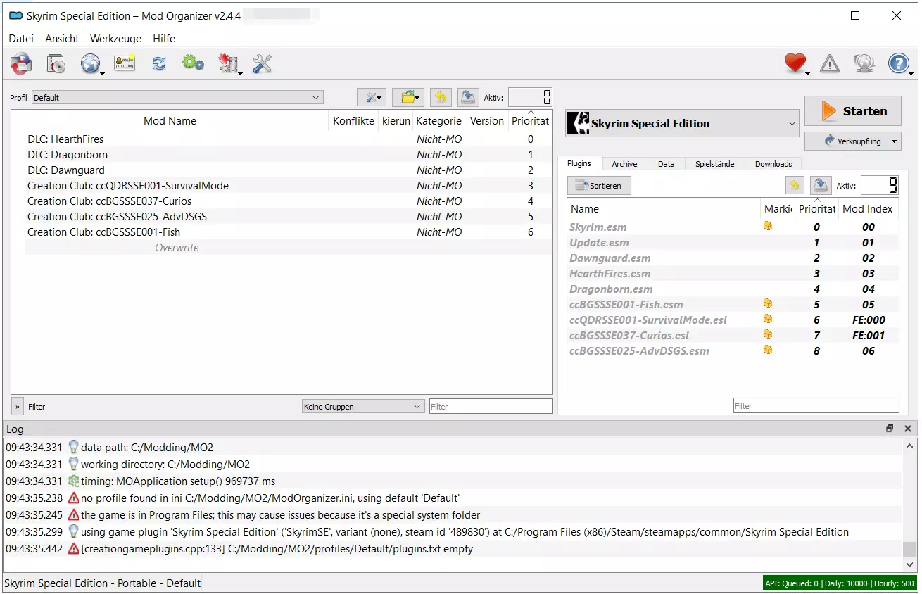 Mod Organizer 2 mit eingerichteter Sykrim-Instanz