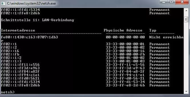 Neighbor-Cache für eine LAN-Verbindung unter Windows 7