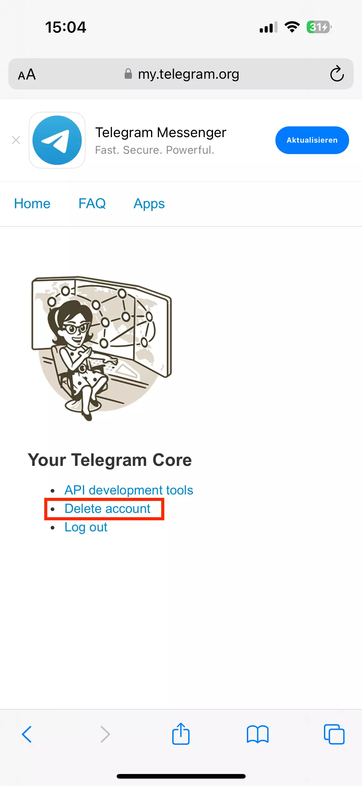 Telegram-Website „Account Löschen“: Core-Bereich