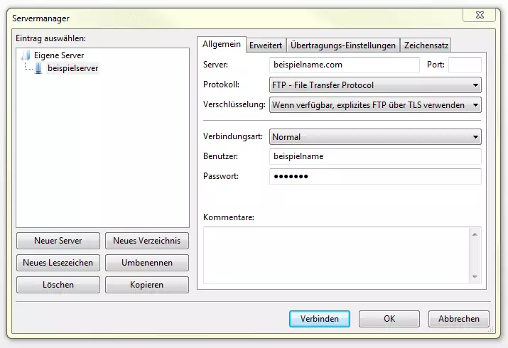 Dateneigabe über den FileZilla-Servermanager