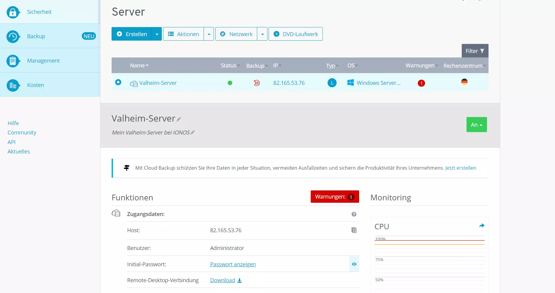 Zugangs- und Serverdaten-Übersicht im IONOS Cloud Panel