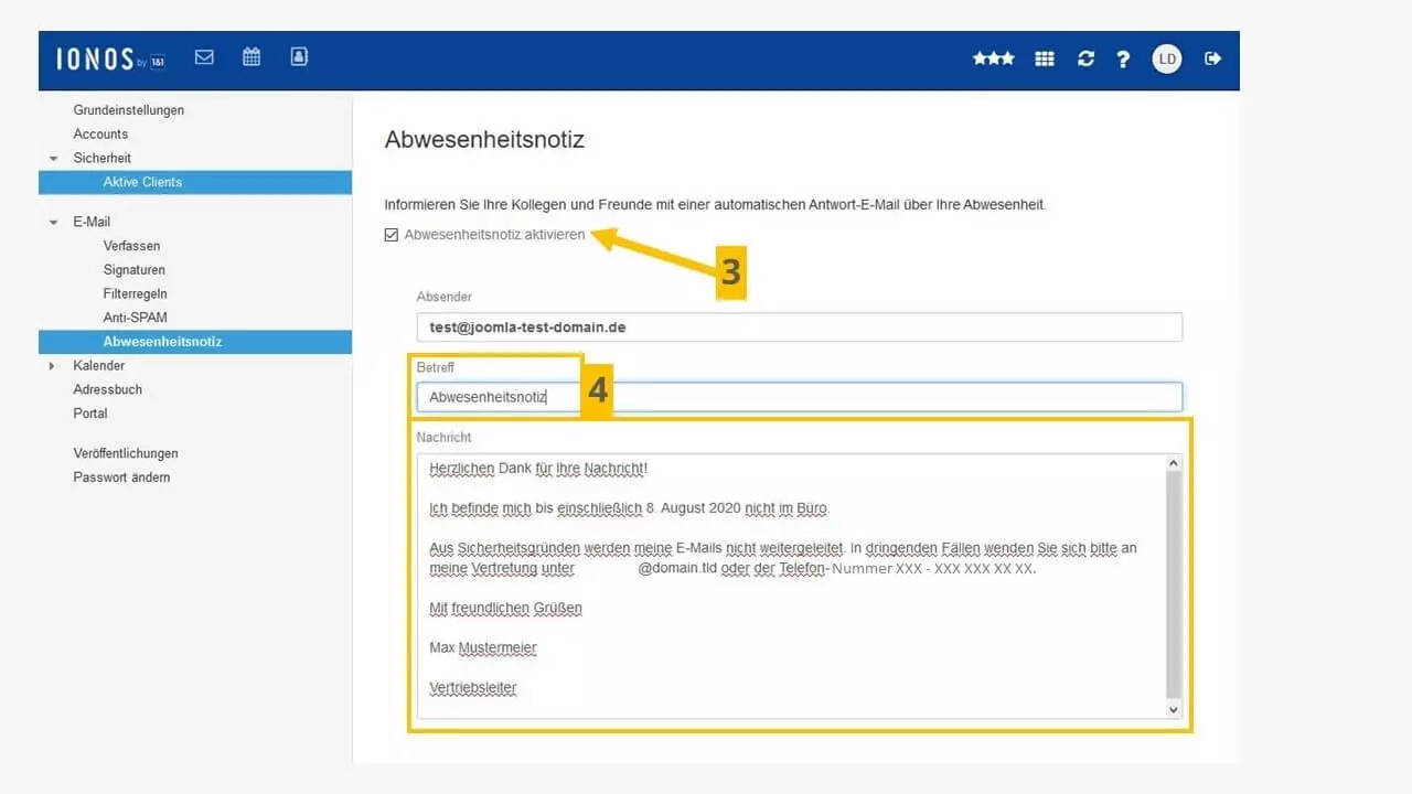 Einstellungen für die Abwesenheitsnotiz in der IONOS-Webmail-Oberfläche