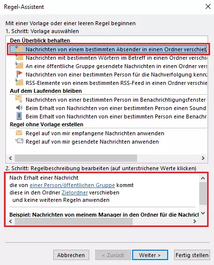 Outlook Regel-Assistent: Auswahl der Regelvorlage