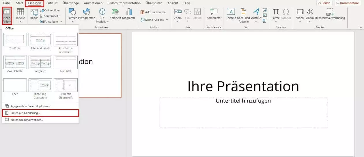 PowerPoint: Drop-down-Menü „Neue Folie“