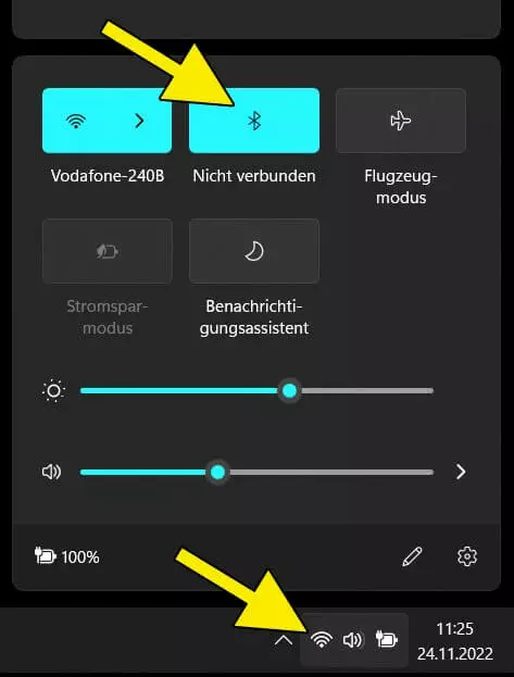 Netzwerkeinstellungen mit Bluetooth-Schaltfläche über das Netzwerksymbol in der Taskleiste