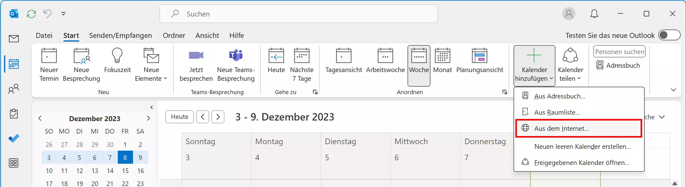 Outlook: Kalender aus dem Internet hinzufügen