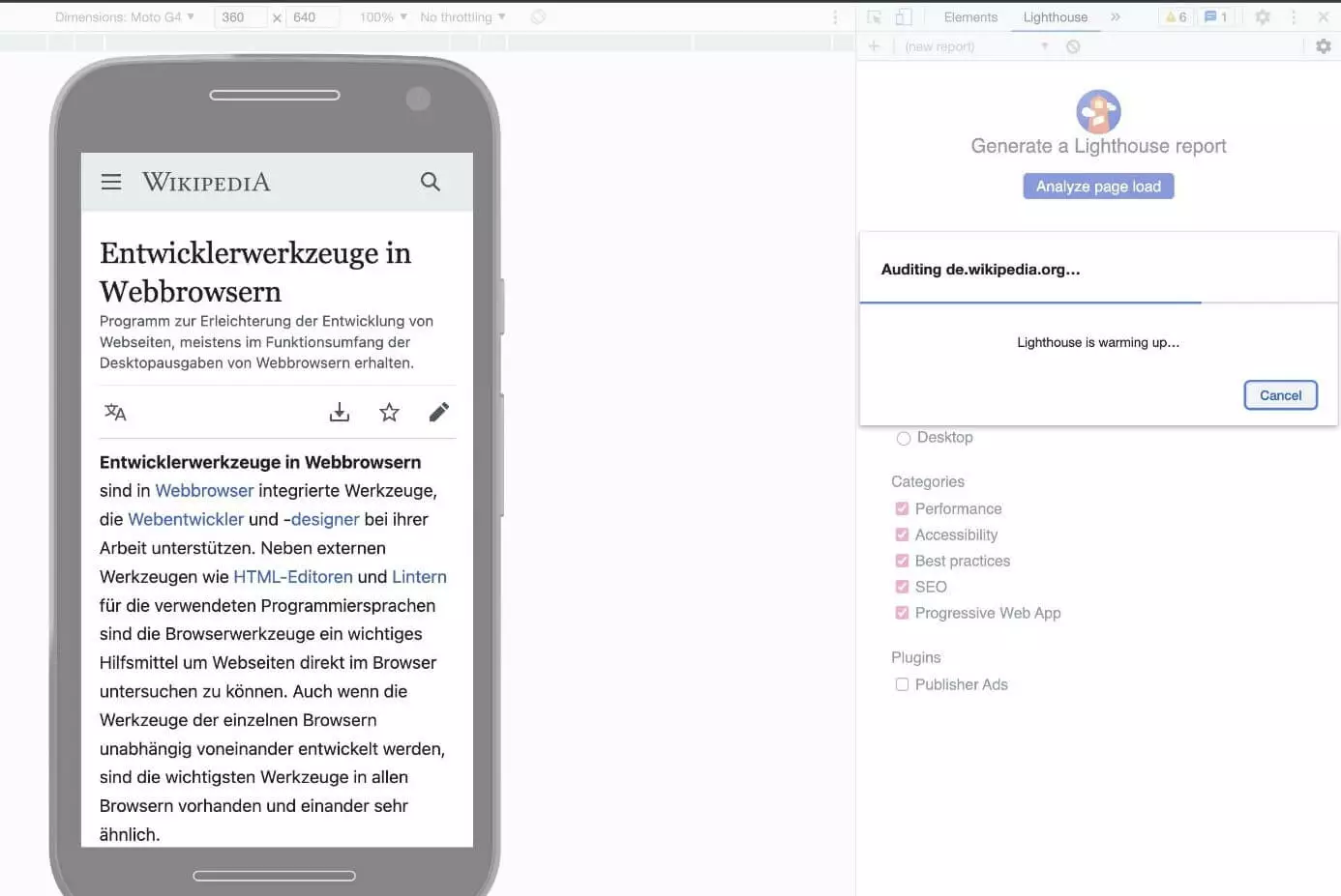 Mobiltest mit Lighthouse in den Chrome DevTools