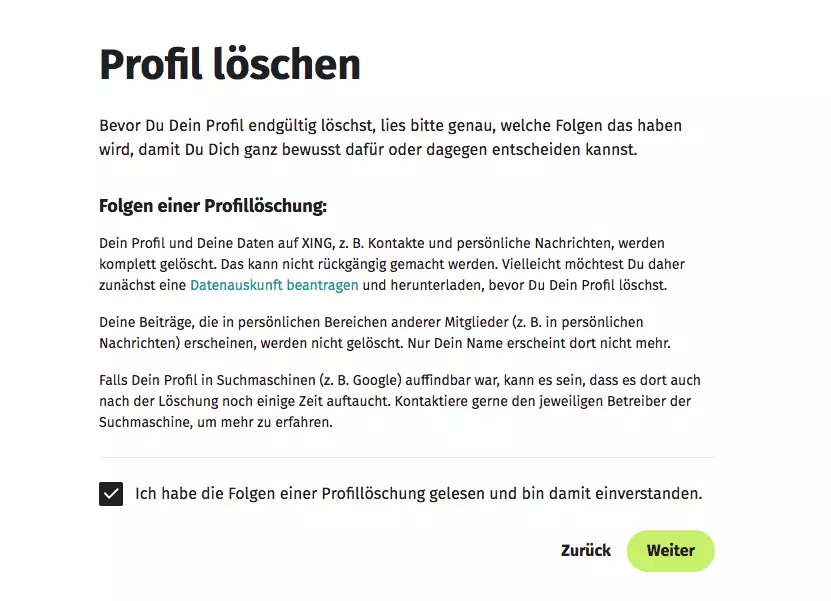 Dialog zur Profil-Löschung auf der Xing-Website