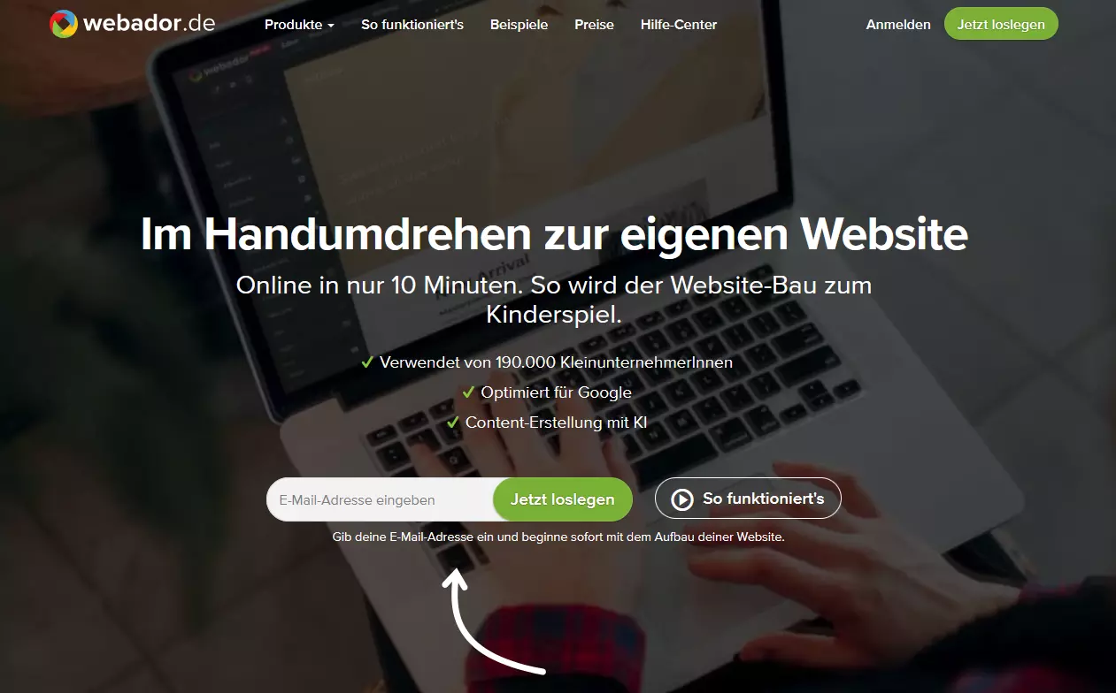 Landingpage des Webador Homepage-Baukastens