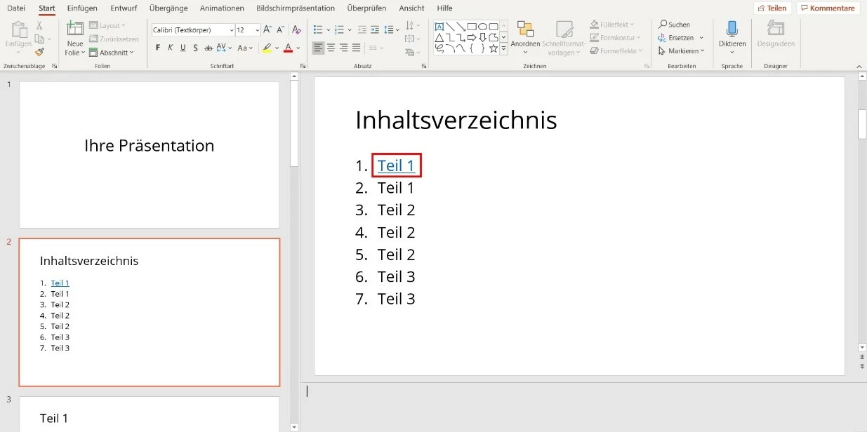 PowerPoint-Inhaltsverzeichnis verlinken: Standard-Hyperlink