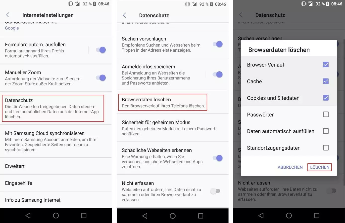 Internet- und Datenschutzeinstellungen im Browser Samsung Internet