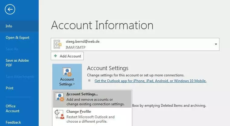 Kontoinformationen in Outlook 2016