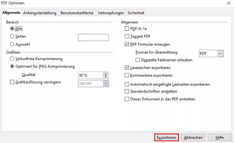 OpenOffice Writer PDF Optionen: PDF exportieren