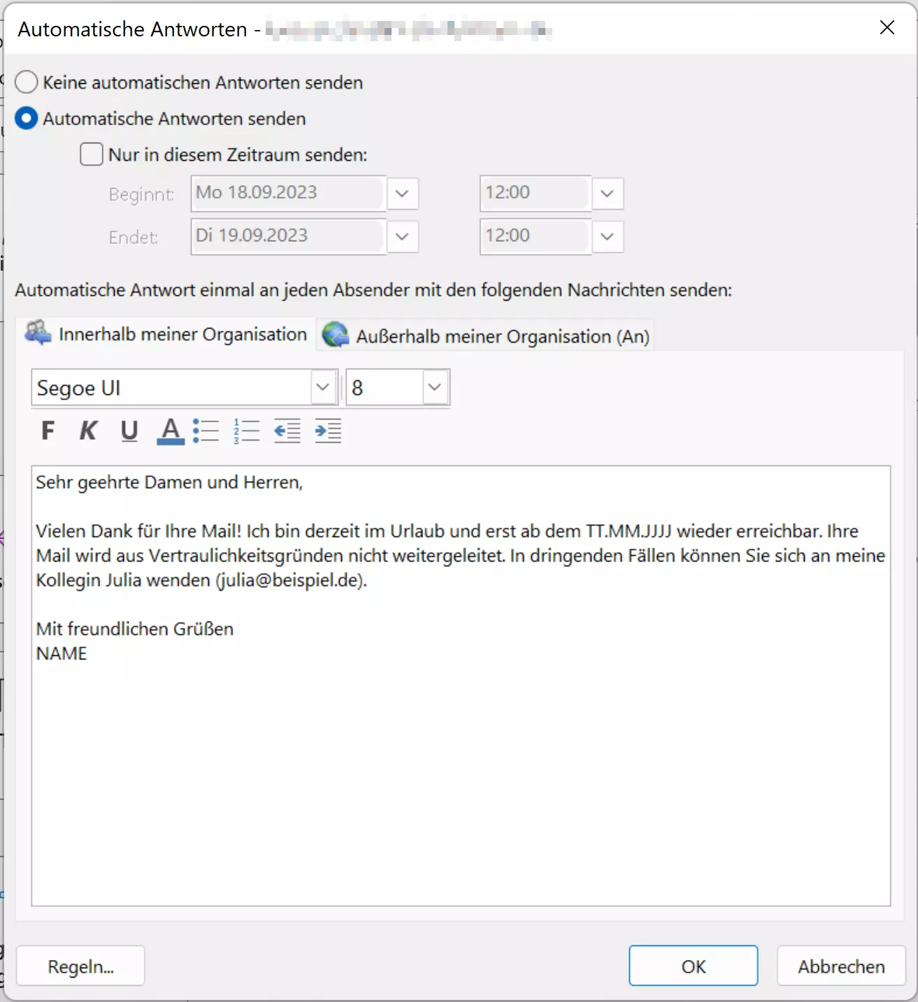 Fenster zur Eingabe einer Abwesenheitsnotiz in Outlook