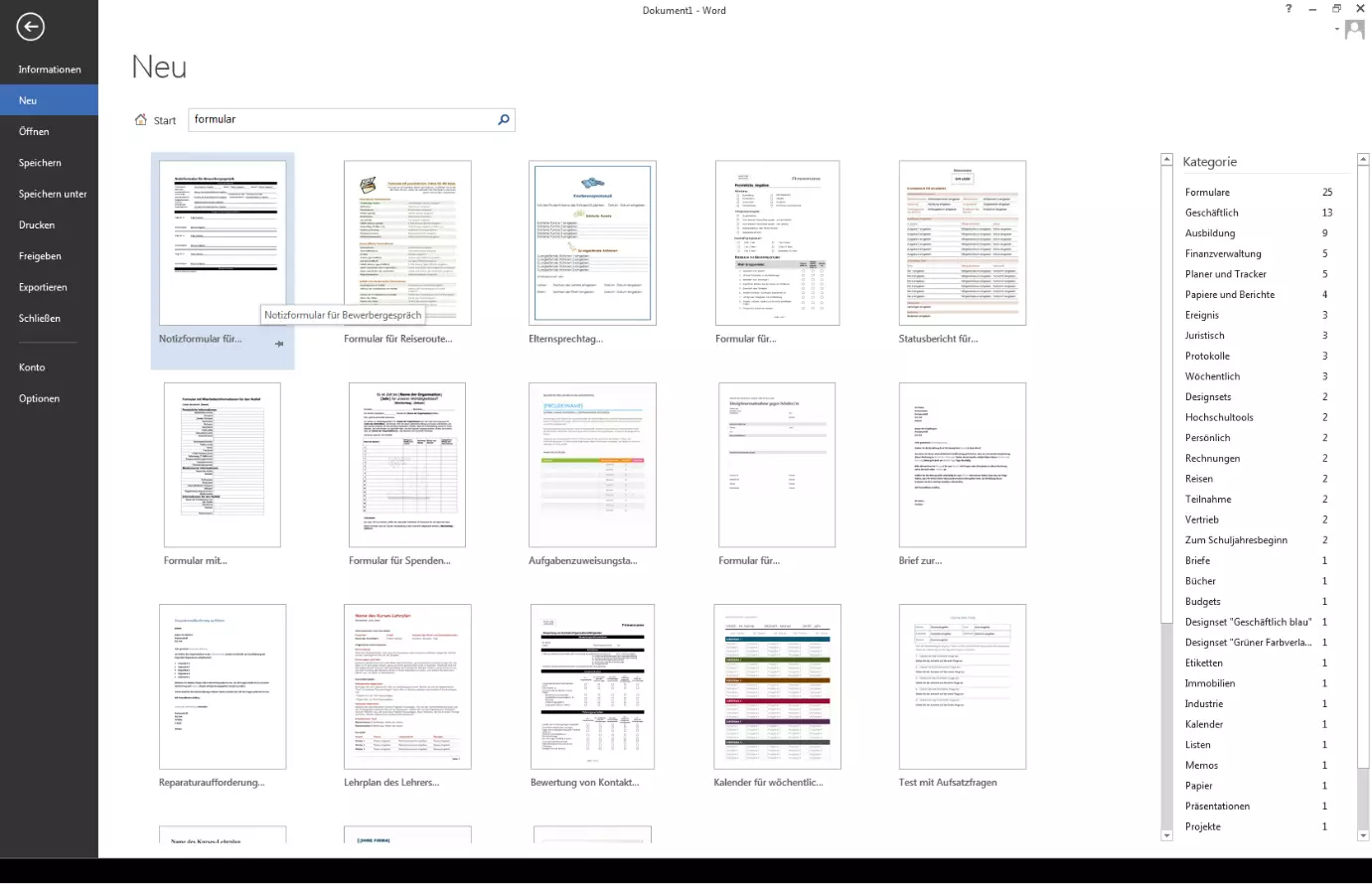 Auswahl von Formularvorlagen in MS Word