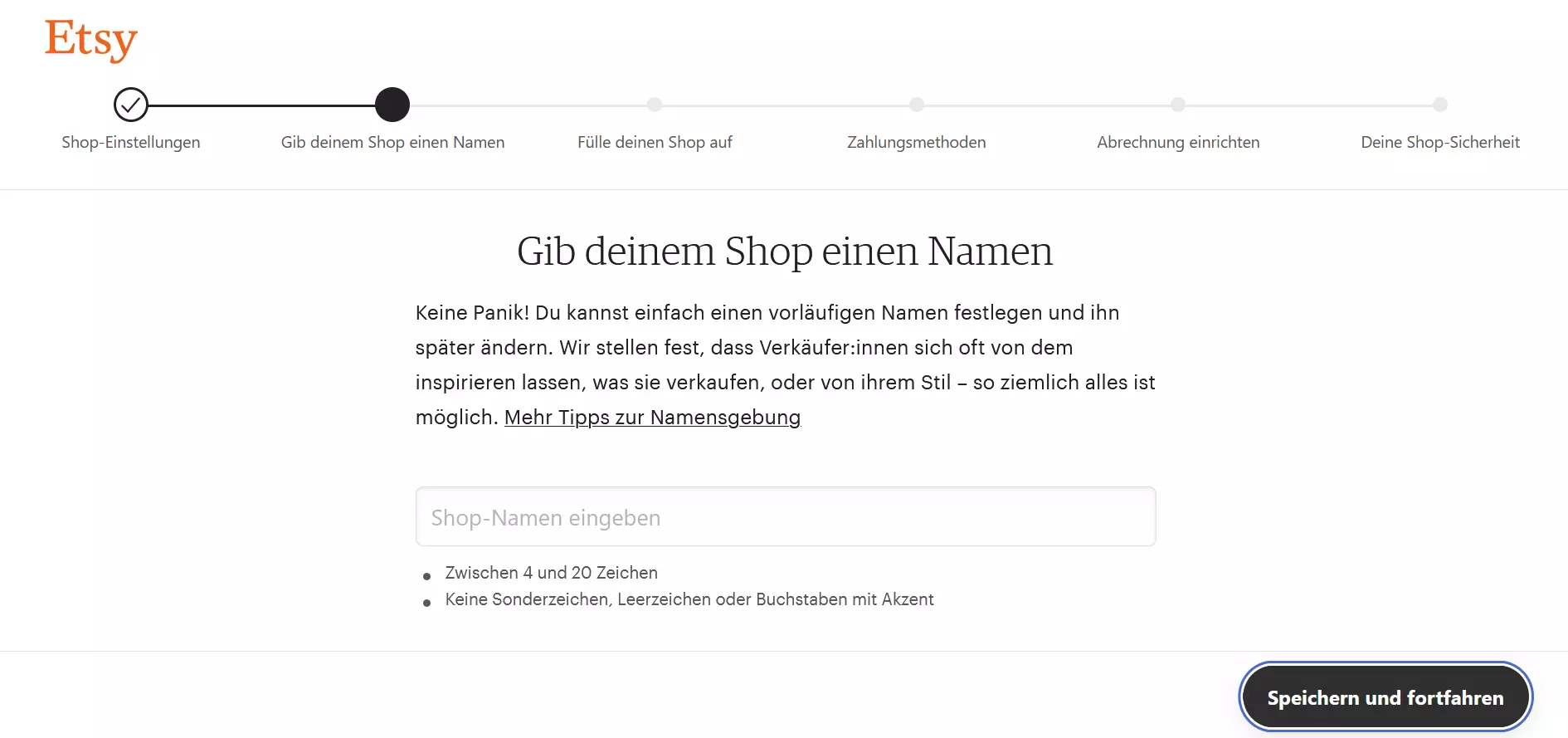 Screenshot der Seite zum Benennen eines Etsy-Shops